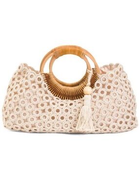 Straw Studio Boho Crochet Straw Tote Bag with Wooden Handles - Cream